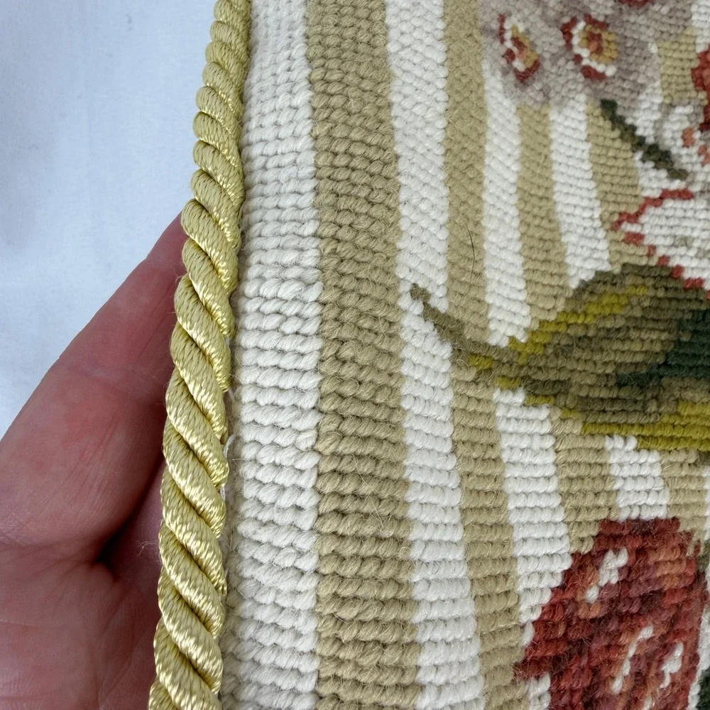Needlepoint Pillow Cover Tan Floral Striped With Cream Velvet Backing 14